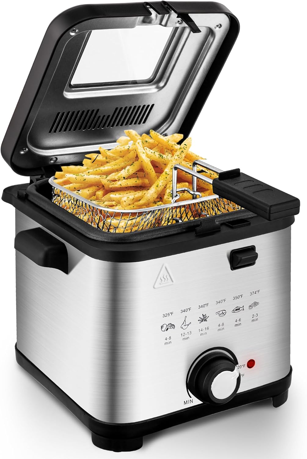 Countertop Electric Deep Fryer with Basket, 1500-1599W Fast Heating, Adjustable Temperature Control, Nonstick Interior & Removable Viewing Window Lid, Family-Size Fryer for Home Kitchen