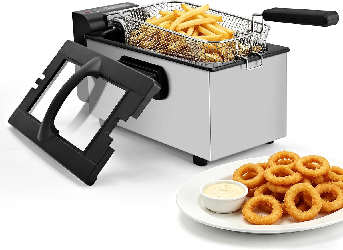Countertop Electric Deep Fryer with Basket, 1500-1599W Fast Heating, Adjustable Temperature Control, Nonstick Interior & Removable Viewing Window Lid, Family-Size Fryer for Home Kitchen