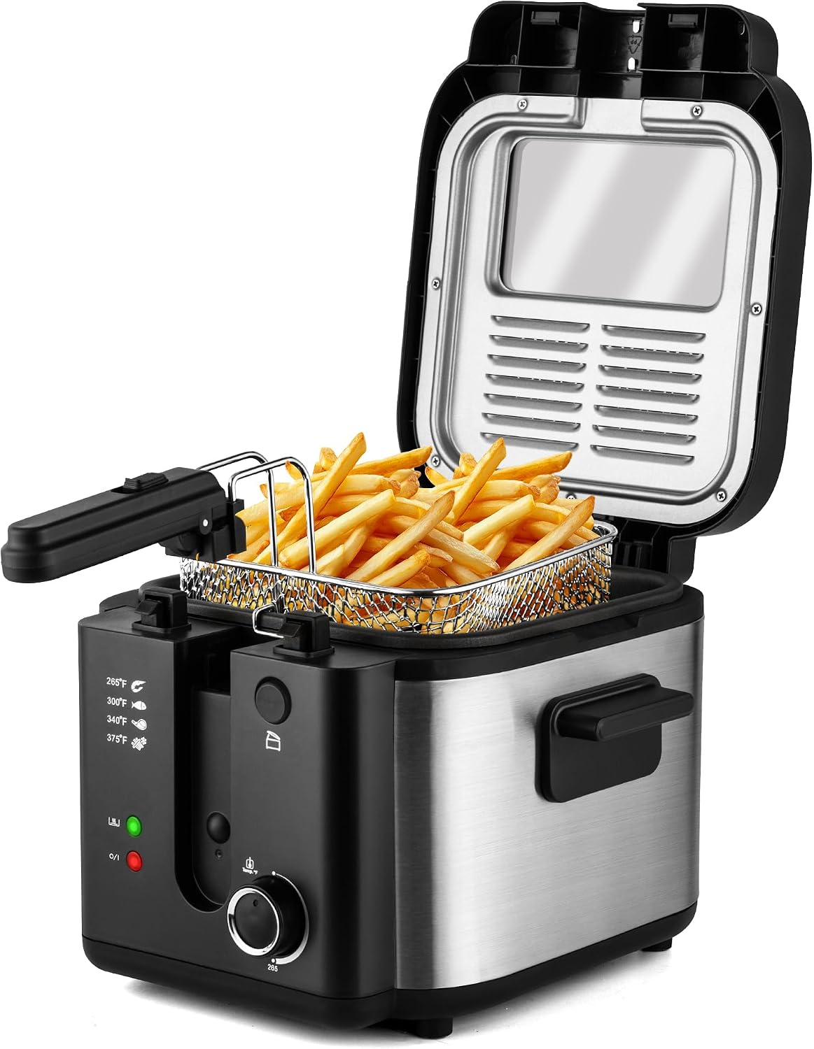 Countertop Electric Deep Fryer with Basket, 1500-1599W Fast Heating, Adjustable Temperature Control, Nonstick Interior & Removable Viewing Window Lid, Family-Size Fryer for Home Kitchen