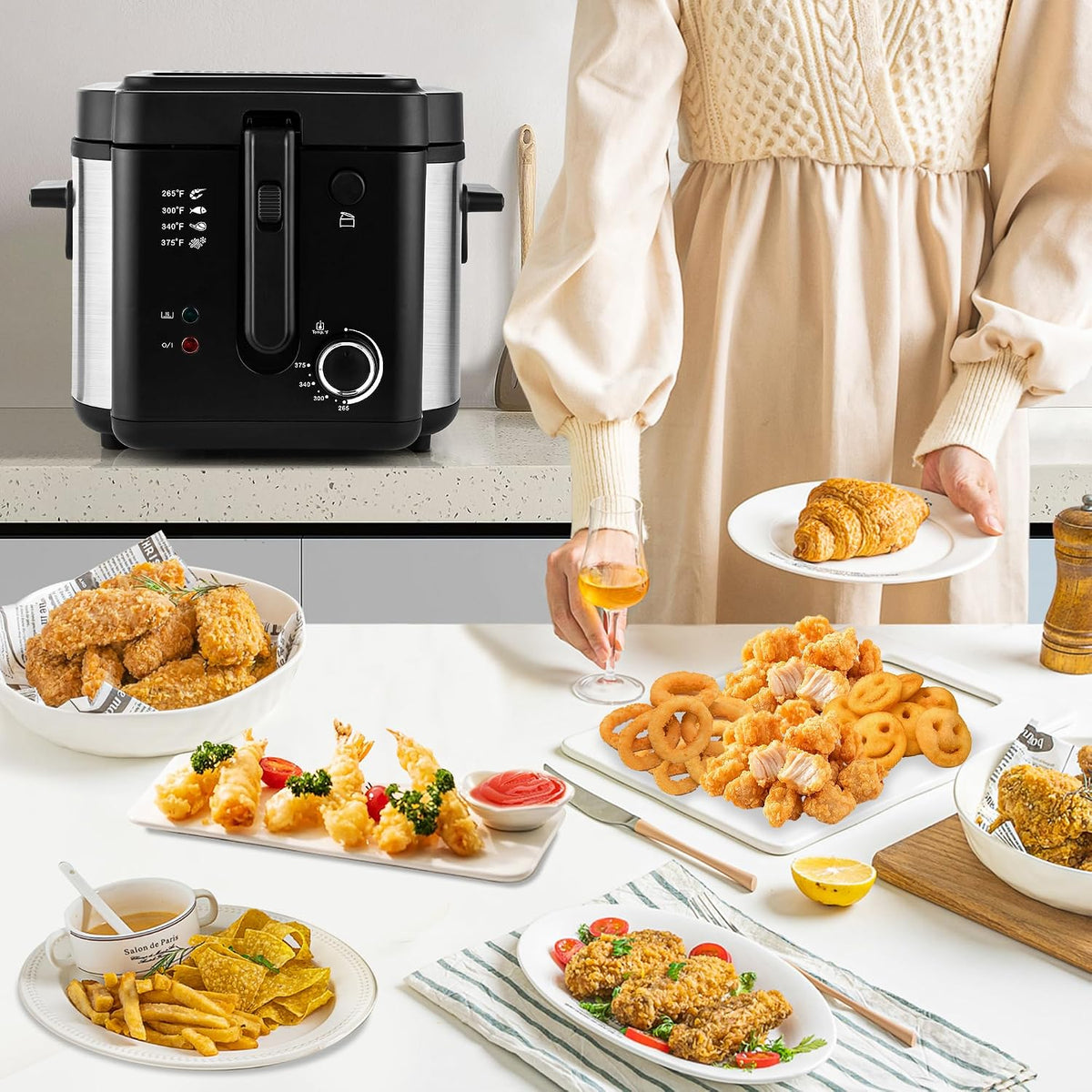 Countertop Electric Deep Fryer with Basket, 1500-1599W Fast Heating, Adjustable Temperature Control, Nonstick Interior & Removable Viewing Window Lid, Family-Size Fryer for Home Kitchen