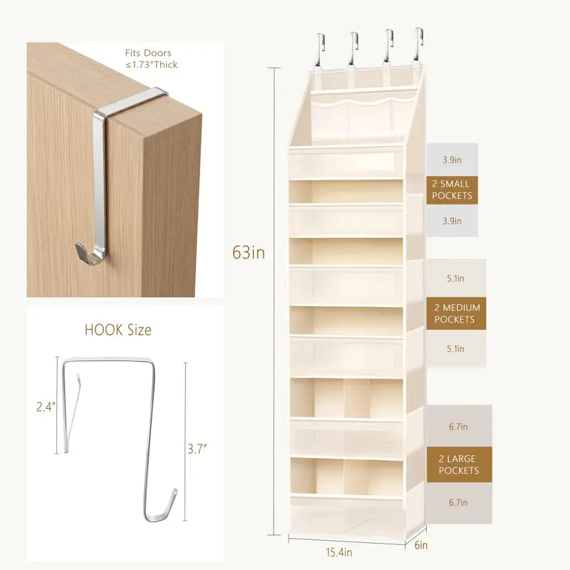 5-Tier Over-the-Door Hangable Fabric Storage Organizer with Large Mesh Pockets, Sturdy Lightweight Compact No-Drill Easy-Install Fabric Storage for Closet, Bedroom Organization Needs