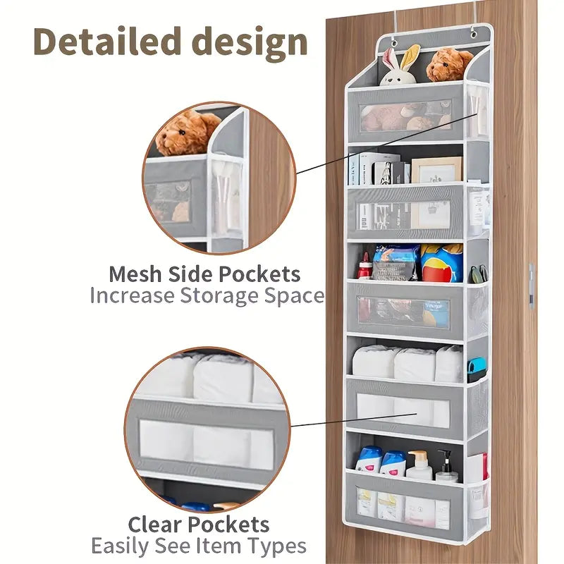 5-Tier Over-the-Door Hangable Fabric Storage Organizer with Large Mesh Pockets, Sturdy Lightweight Compact No-Drill Easy-Install Fabric Storage for Closet, Bedroom Organization Needs