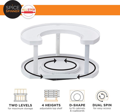 2-Tier Smooth Rotating Lazy Susan Spice Rack Organizer, Adjustable Multifunctional Indoor Storage Holder for Cabinet, Tabletop, Pantry (Holds 40 Jars, White), Shelf