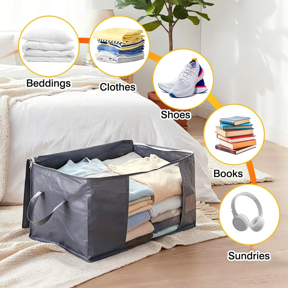 Grey 6-pack clothing storage bag foldable thick cloth blanket used for organizing bedroom wardrobe clothes bedding and storage containers with handles