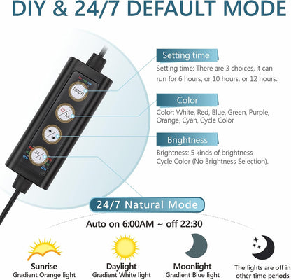 Clip On 24/7 Lighting Aquarium LED Light, 14W Sunrise-Daylight-Moonlight and DIY Mode, Adjustable Timer / Brightness Fish Tank Light with 7 Colors for Planted Tank Aquatic Fit for Tank Thickness Less Than 0.9inches Life Outdoorfun