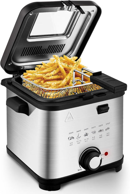 Countertop Electric Deep Fryer with Basket, 1500-1599W Fast Heating, Adjustable Temperature Control, Nonstick Interior & Removable Viewing Window Lid, Family-Size Fryer for Home Kitchen