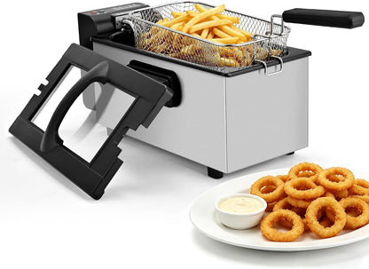 Countertop Electric Deep Fryer with Basket, 1500-1599W Fast Heating, Adjustable Temperature Control, Nonstick Interior & Removable Viewing Window Lid, Family-Size Fryer for Home Kitchen