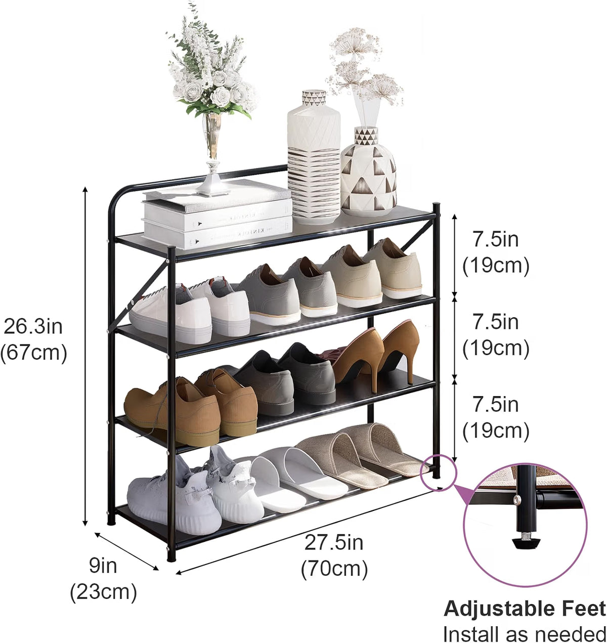 4-Tier Foldable Shoe Storage Rack – No-Assembly Adjustable Shoe Organizer with High-Capacity Shelves for Entryway, Closet & Home Organization