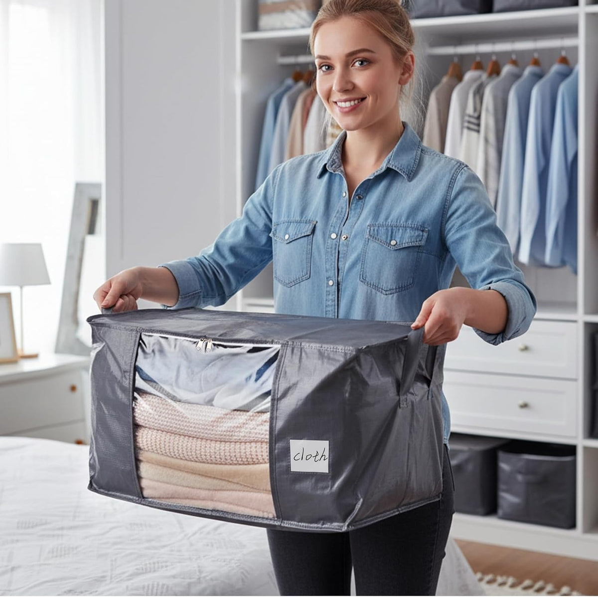 Grey 6-pack clothing storage bag foldable thick cloth blanket used for organizing bedroom wardrobe clothes bedding and storage containers with handles
