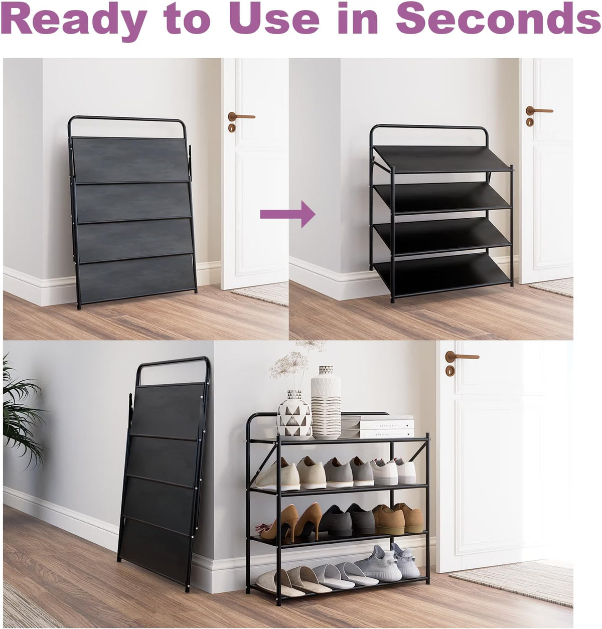 4-Tier Foldable Shoe Storage Rack – No-Assembly Adjustable Shoe Organizer with High-Capacity Shelves for Entryway, Closet & Home Organization