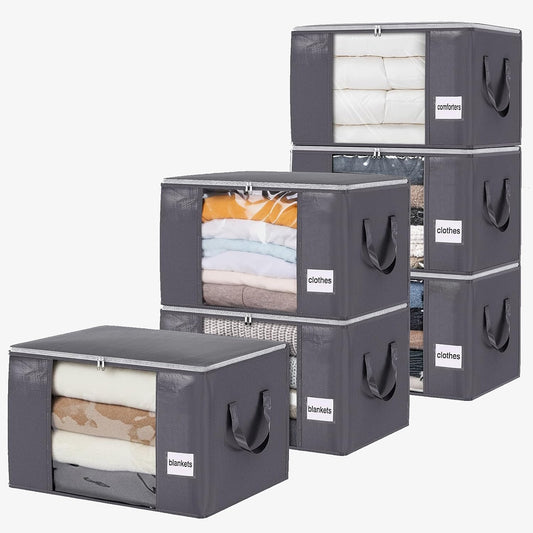 Grey 6-pack clothing storage bag foldable thick cloth blanket used for organizing bedroom wardrobe clothes bedding and storage containers with handles