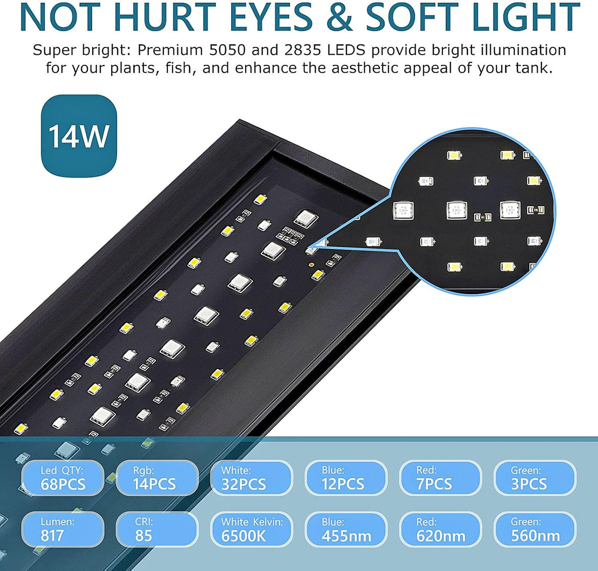 Clip On 24/7 Lighting Aquarium LED Light, 14W Sunrise-Daylight-Moonlight and DIY Mode, Adjustable Timer / Brightness Fish Tank Light with 7 Colors for Planted Tank Aquatic Fit for Tank Thickness Less Than 0.9inches Life Outdoorfun