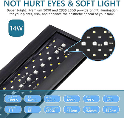 Clip On 24/7 Lighting Aquarium LED Light, 14W Sunrise-Daylight-Moonlight and DIY Mode, Adjustable Timer / Brightness Fish Tank Light with 7 Colors for Planted Tank Aquatic Fit for Tank Thickness Less Than 0.9inches Life Outdoorfun