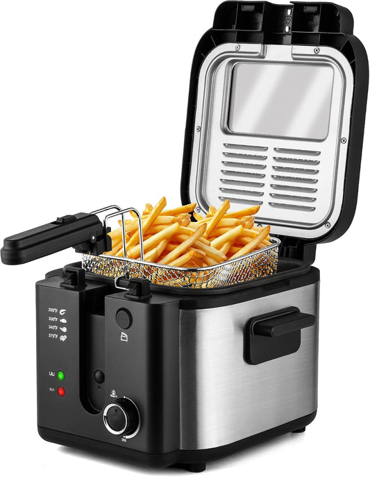 Countertop Electric Deep Fryer with Basket, 1500-1599W Fast Heating, Adjustable Temperature Control, Nonstick Interior & Removable Viewing Window Lid, Family-Size Fryer for Home Kitchen