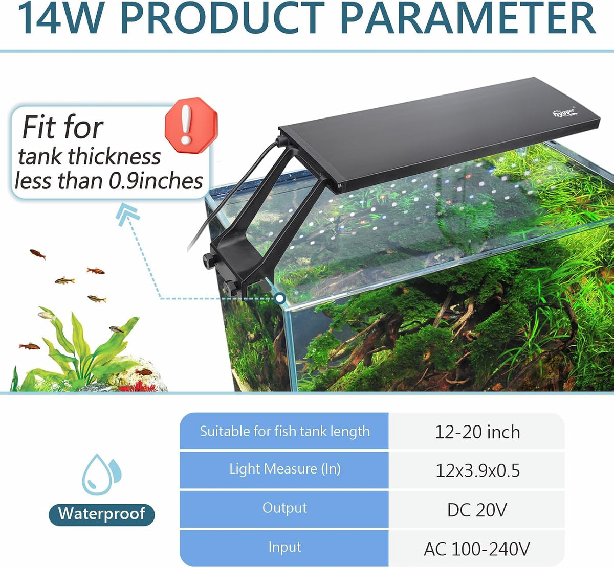 Clip On 24/7 Lighting Aquarium LED Light, 14W Sunrise-Daylight-Moonlight and DIY Mode, Adjustable Timer / Brightness Fish Tank Light with 7 Colors for Planted Tank Aquatic Fit for Tank Thickness Less Than 0.9inches Life Outdoorfun
