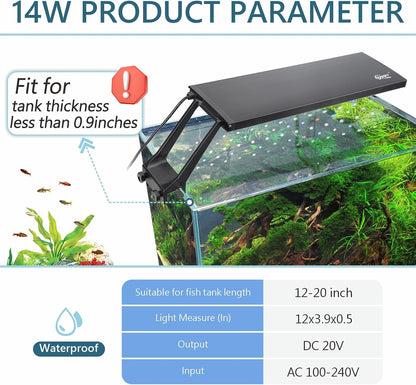 Clip On 24/7 Lighting Aquarium LED Light, 14W Sunrise-Daylight-Moonlight and DIY Mode, Adjustable Timer / Brightness Fish Tank Light with 7 Colors for Planted Tank Aquatic Fit for Tank Thickness Less Than 0.9inches Life Outdoorfun