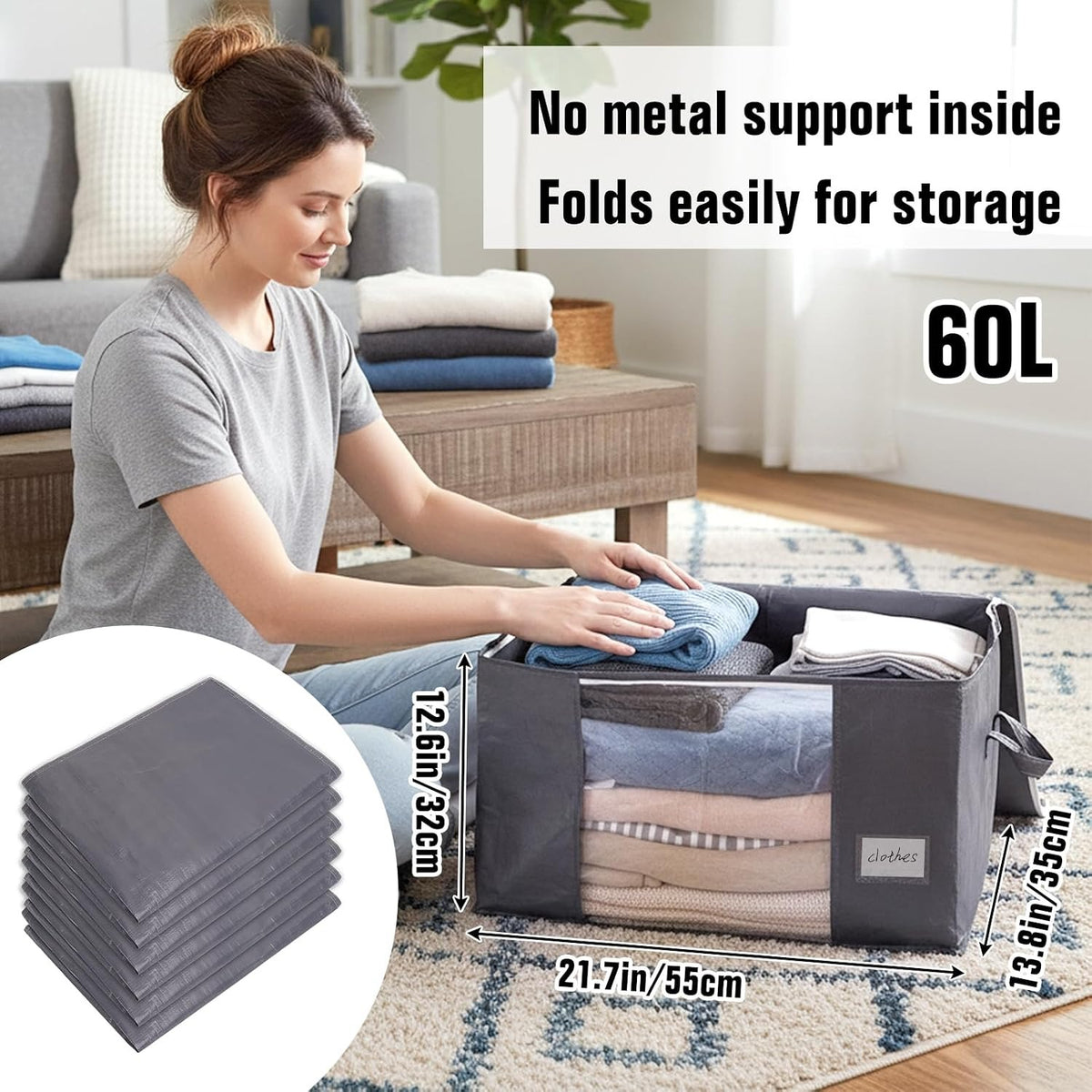 Grey 6-pack clothing storage bag foldable thick cloth blanket used for organizing bedroom wardrobe clothes bedding and storage containers with handles