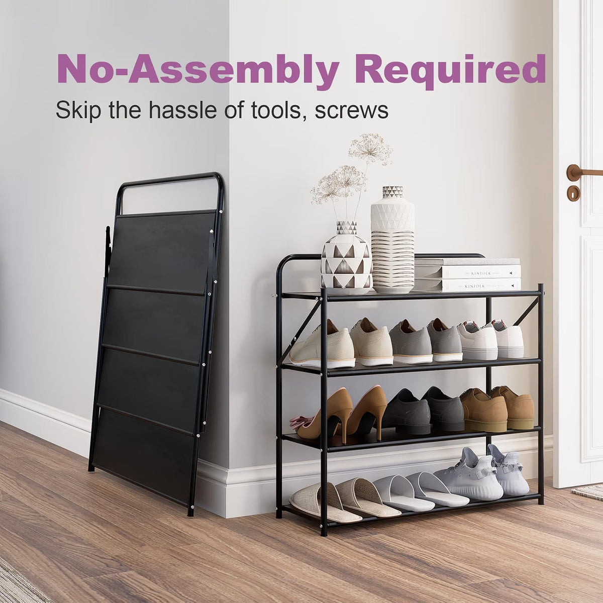 4-Tier Foldable Shoe Storage Rack – No-Assembly Adjustable Shoe Organizer with High-Capacity Shelves for Entryway, Closet & Home Organization