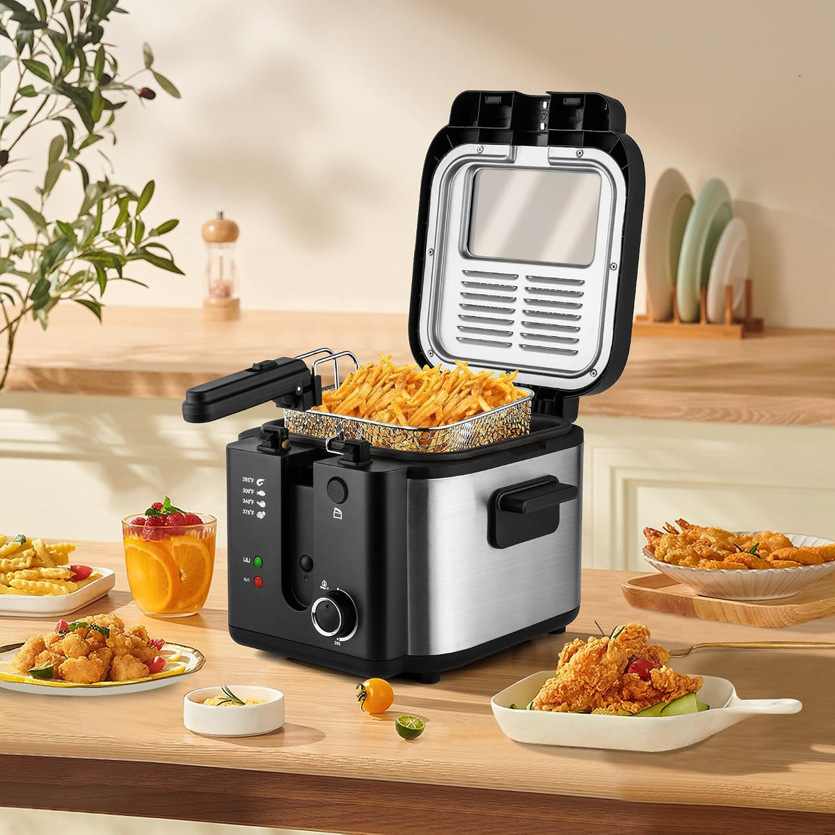 Countertop Electric Deep Fryer with Basket, 1500-1599W Fast Heating, Adjustable Temperature Control, Nonstick Interior & Removable Viewing Window Lid, Family-Size Fryer for Home Kitchen