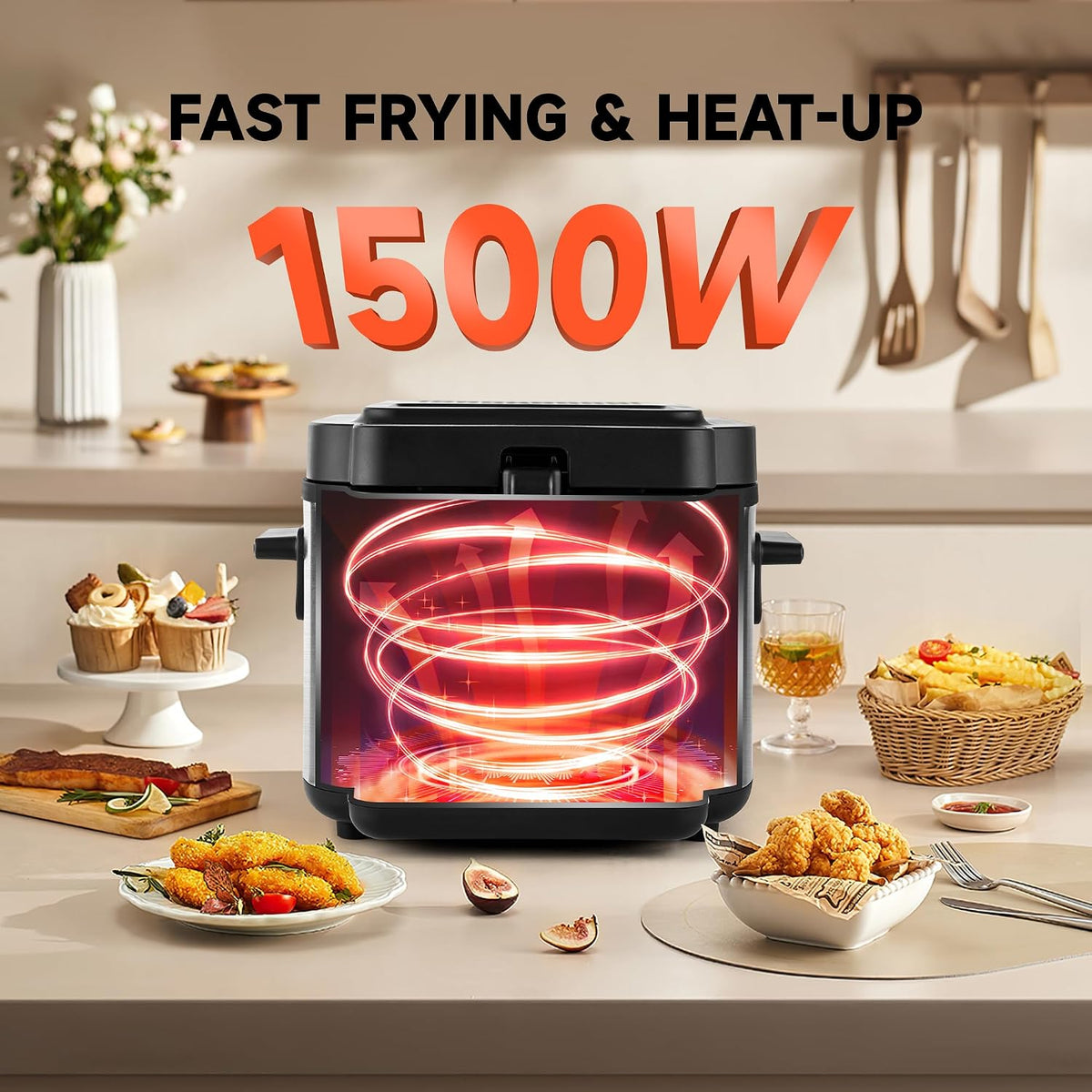 Countertop Electric Deep Fryer with Basket, 1500-1599W Fast Heating, Adjustable Temperature Control, Nonstick Interior & Removable Viewing Window Lid, Family-Size Fryer for Home Kitchen