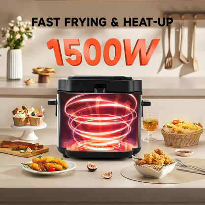 Countertop Electric Deep Fryer with Basket, 1500-1599W Fast Heating, Adjustable Temperature Control, Nonstick Interior & Removable Viewing Window Lid, Family-Size Fryer for Home Kitchen