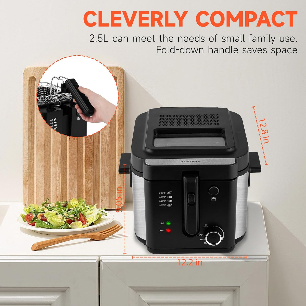 Countertop Electric Deep Fryer with Basket, 1500-1599W Fast Heating, Adjustable Temperature Control, Nonstick Interior & Removable Viewing Window Lid, Family-Size Fryer for Home Kitchen