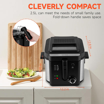 Countertop Electric Deep Fryer with Basket, 1500-1599W Fast Heating, Adjustable Temperature Control, Nonstick Interior & Removable Viewing Window Lid, Family-Size Fryer for Home Kitchen