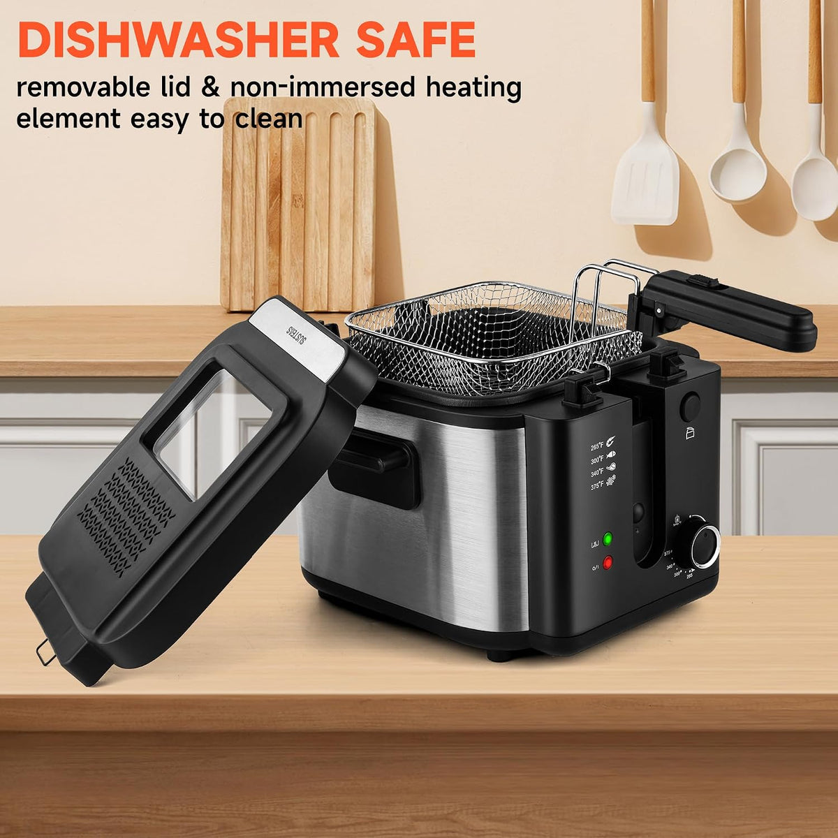 Countertop Electric Deep Fryer with Basket, 1500-1599W Fast Heating, Adjustable Temperature Control, Nonstick Interior & Removable Viewing Window Lid, Family-Size Fryer for Home Kitchen
