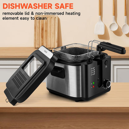 Countertop Electric Deep Fryer with Basket, 1500-1599W Fast Heating, Adjustable Temperature Control, Nonstick Interior & Removable Viewing Window Lid, Family-Size Fryer for Home Kitchen