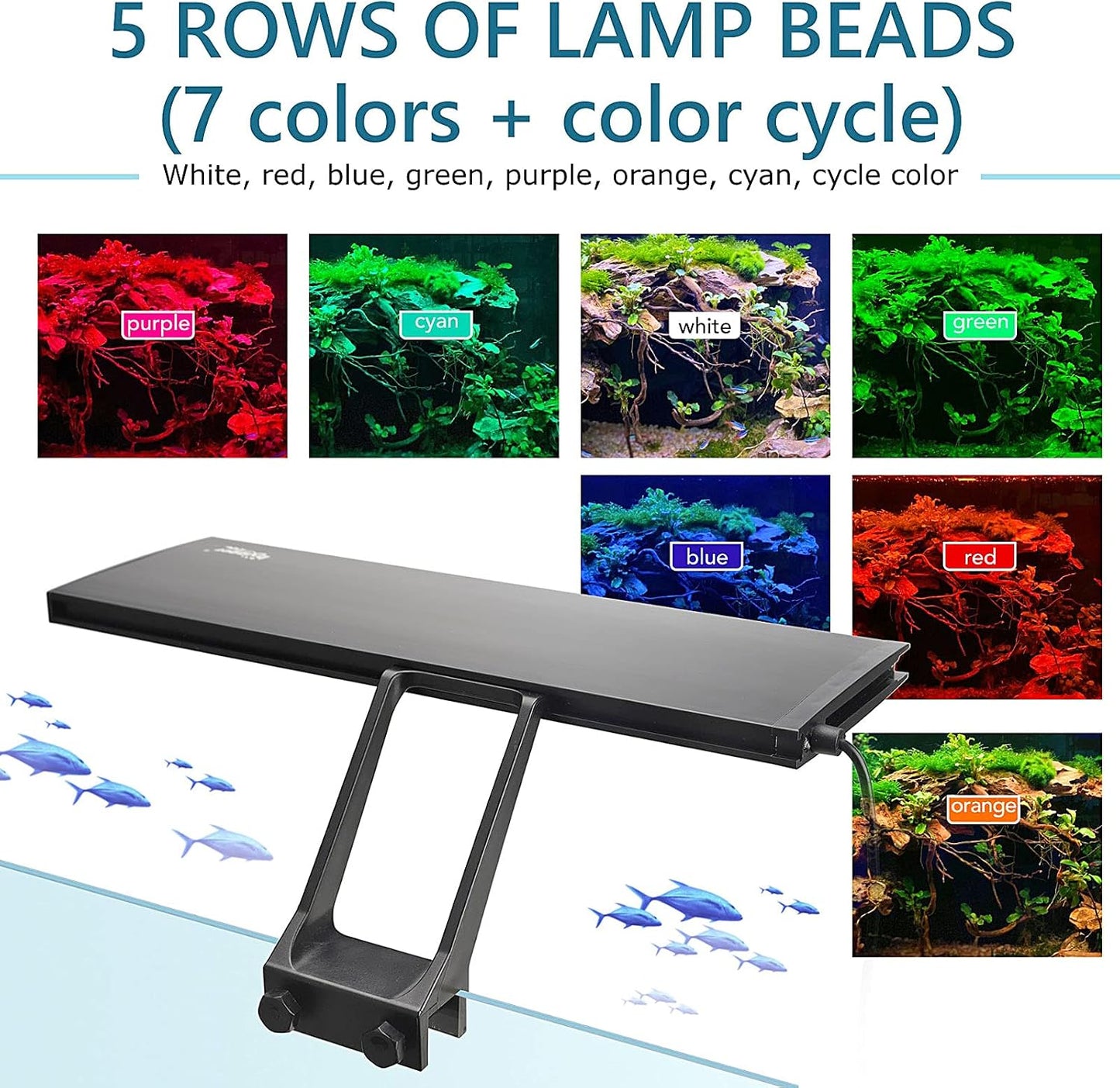Clip On 24/7 Lighting Aquarium LED Light, 14W Sunrise-Daylight-Moonlight and DIY Mode, Adjustable Timer / Brightness Fish Tank Light with 7 Colors for Planted Tank Aquatic Fit for Tank Thickness Less Than 0.9inches Life Outdoorfun