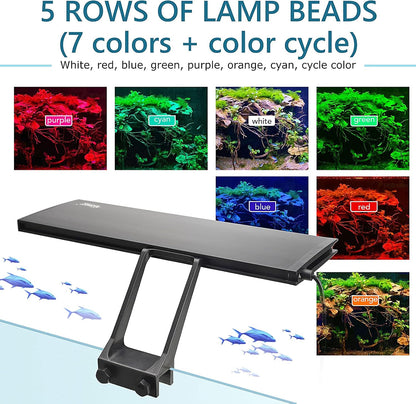Clip On 24/7 Lighting Aquarium LED Light, 14W Sunrise-Daylight-Moonlight and DIY Mode, Adjustable Timer / Brightness Fish Tank Light with 7 Colors for Planted Tank Aquatic Fit for Tank Thickness Less Than 0.9inches Life Outdoorfun