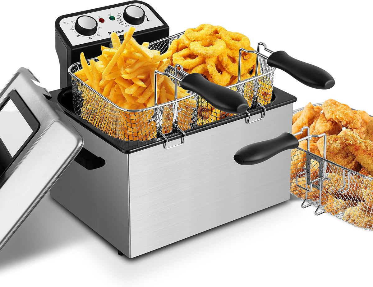 Countertop Electric Deep Fryer with Basket, 1500-1599W Fast Heating, Adjustable Temperature Control, Nonstick Interior & Removable Viewing Window Lid, Family-Size Fryer for Home Kitchen