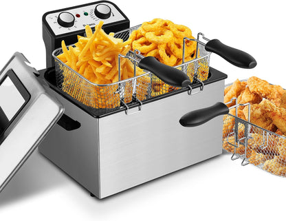 Countertop Electric Deep Fryer with Basket, 1500-1599W Fast Heating, Adjustable Temperature Control, Nonstick Interior & Removable Viewing Window Lid, Family-Size Fryer for Home Kitchen