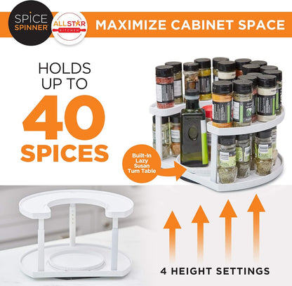 2-Tier Smooth Rotating Lazy Susan Spice Rack Organizer, Adjustable Multifunctional Indoor Storage Holder for Cabinet, Tabletop, Pantry (Holds 40 Jars, White), Shelf