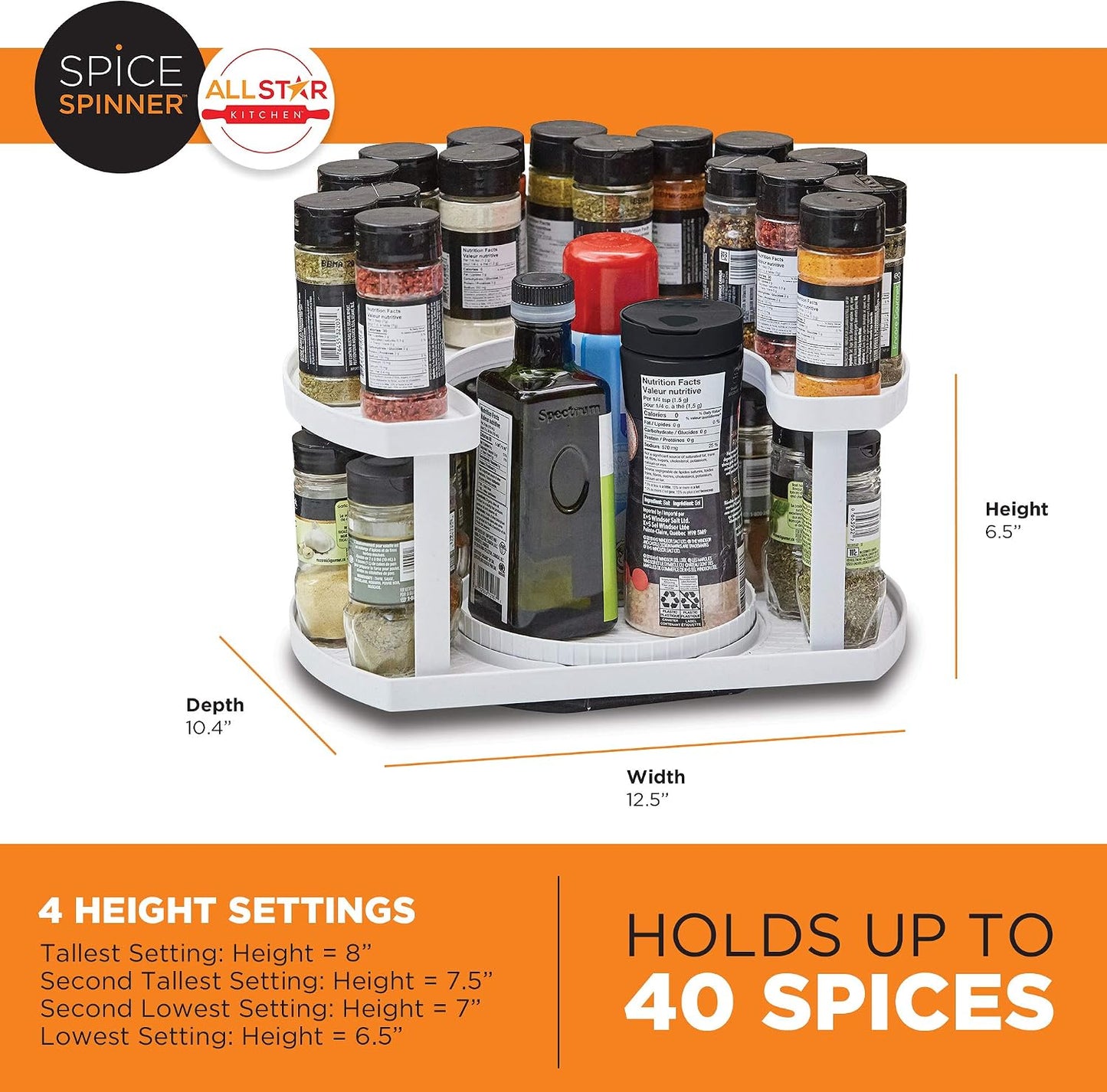 2-Tier Smooth Rotating Lazy Susan Spice Rack Organizer, Adjustable Multifunctional Indoor Storage Holder for Cabinet, Tabletop, Pantry (Holds 40 Jars, White), Shelf