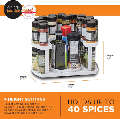 2-Tier Smooth Rotating Lazy Susan Spice Rack Organizer, Adjustable Multifunctional Indoor Storage Holder for Cabinet, Tabletop, Pantry (Holds 40 Jars, White), Shelf