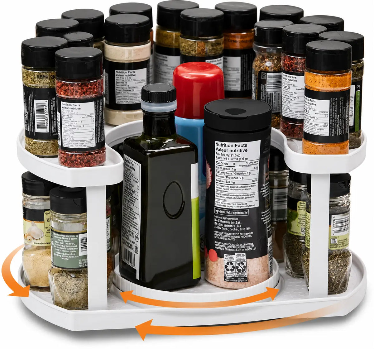 2-Tier Smooth Rotating Lazy Susan Spice Rack Organizer, Adjustable Multifunctional Indoor Storage Holder for Cabinet, Tabletop, Pantry (Holds 40 Jars, White), Shelf